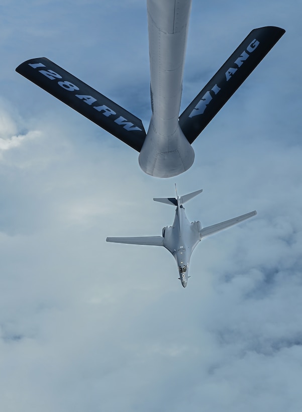 A U.S. Air Force B-1B Lancer separates from a U.S. Air Force KC-135 Stratotanker after a successful refuel over the Pacific Ocean during a Bomber Task Force mission, Feb. 3, 2023.