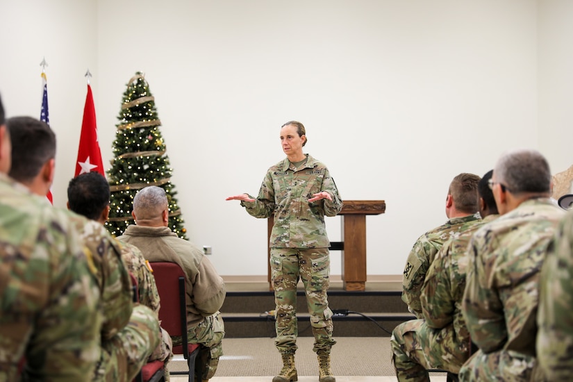 377th TSC command team visit 143d ESC deploying Soldiers