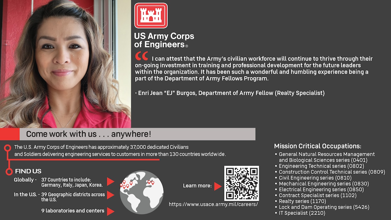 Close-up of a woman, surrounded by text:
“US Army Corps of Engineers.
“I can attest that the Army’s civilian workforce will continue to thrive through their on-going investment in training and professional development for the future leaders within the organization. It has been such a wonderful and humbling experience being a part of the Department of Army Fellows Program.” - Enri Jean “EJ” Burgos, Department of Army Fellow (Realty Specialist).
Come work with us…anywhere!
The U.S. Army Corps of Engineers has approximately 37,000 dedicated Civilians and Soldiers delivering engineering services to customers in more than 130 countries worldwide.
Find Us Globally – 37 Countries to include: Germany, Italy, Japan, Korea. In the US. – 39 Geographic districts across the US. 9 laboratories and centers.
Learn more: https://www.usace.army.mil/careers/
Mission Critical Occupations: General Natural Resources Management and Biological Sciences series (0401). Engineering Technical series (0802). Construction Control Technical series (0809). Civil Engineering series (0810). Mechanical Engineering series (0830). Electrical Engineering series (0850). Contract Specialist series (1102). Realty series (1170). Lock and Dam Operating series (5426). IT Specialist (2210).”