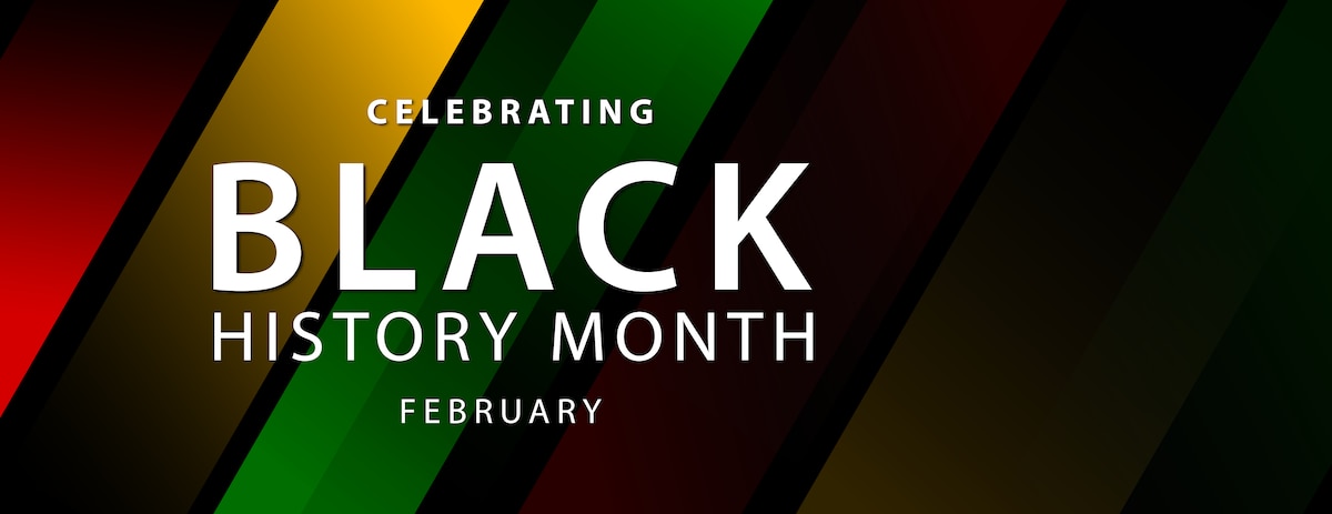Celebrating Black History Month. Modified Illustration (red, gold and green slanted background stripes with text overlay) [image is not public domain, © Ardkyuu/stock.adobe.com]