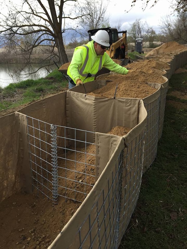 During the 2017 flood fight, the Walla Walla District provided about 550,000 sandbags to Idaho communities and constructed a 4-foot-tall temporary emergency levee to stabilize 4,300 feet of riverbank, protecting homes and critical infrastructure.