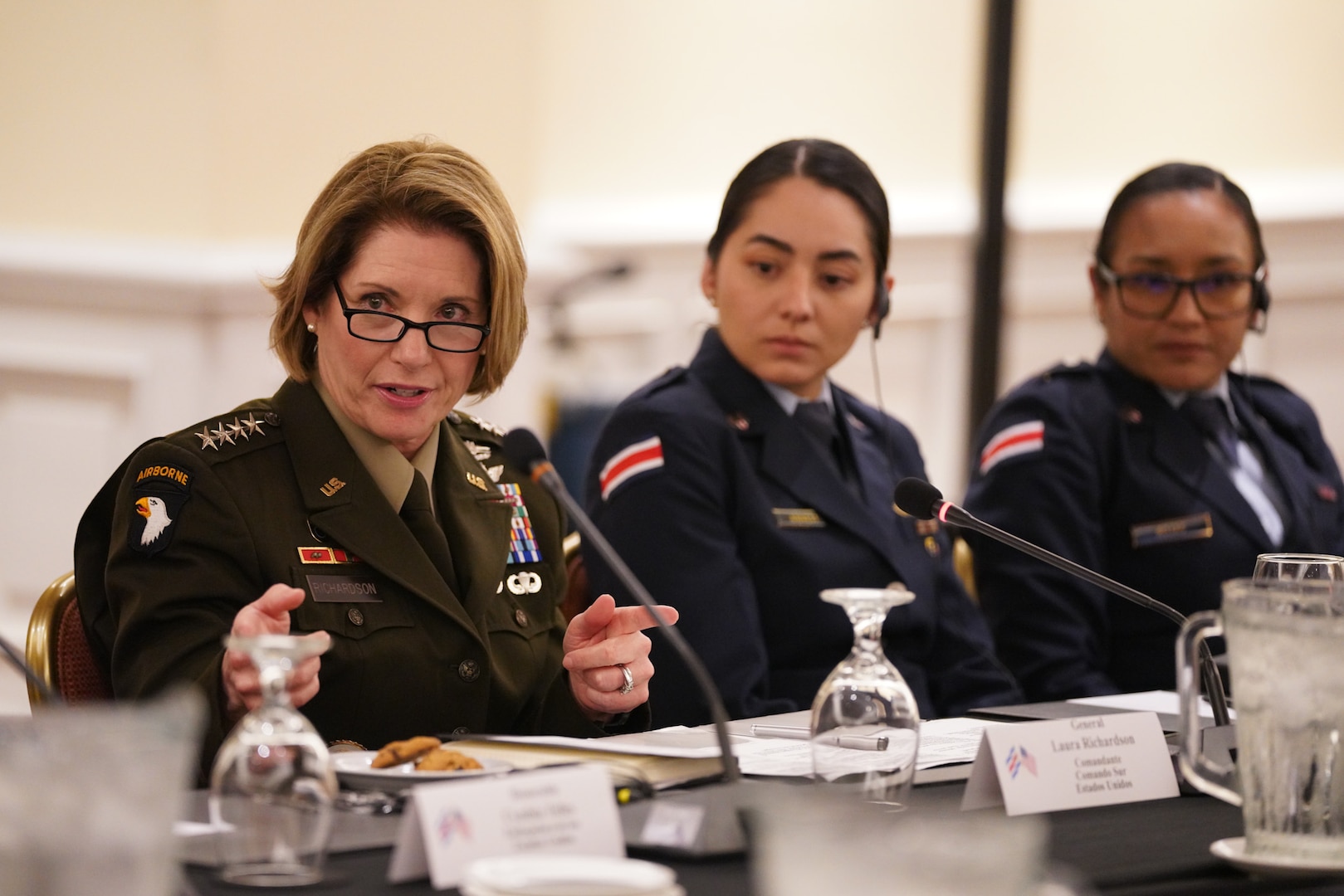 Gen. Laura Richardson, the commander of U.S. Southern Command, speaks with members of the Public Force of Costa Rica during a Women, Peace, and Security discussion.