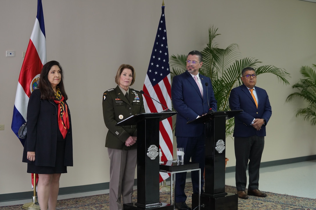 U.S. Army Gen. Laura Richardson, the commander of U.S. Southern Command, holds a press conference with Costa Rican President Rodrigo Chaves Robles.