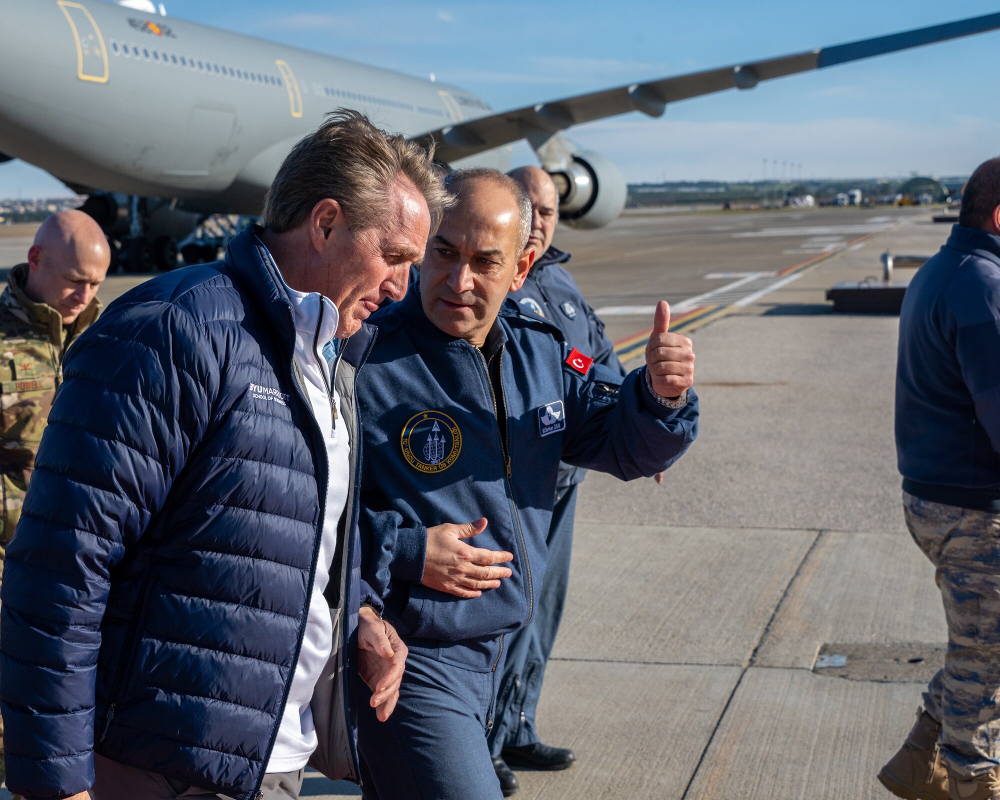 U.S. Ambassador Jeffry Flake, U.S. Ambassador to Türkiye, left, walks with Brig. Gen. Mehmet Serkan Dan, 10th Tanker Base Command commander, right, after his arrival at Incirlik Air Base, Türkiye, Feb 8, 2023. Ambassador Flake visited Incirlik AB to greet members of the United States Agency for International Development’s Disaster Assistance Response Team, following a series of earthquakes that struck central-southern Türkiye on Feb 6, 2023.  As Ambassador to Türkiye, Flake holds the highest civilian position as The Chief of Mission, and impacts the communication and resources of U.S. personnel, advancing the U.S. foreign policy goals. As a fellow NATO ally, the U.S. Government mobilized personnel to assist in Türkiye in their response efforts. (U.S. Air Force photo by Senior Airman David D. McLoney)