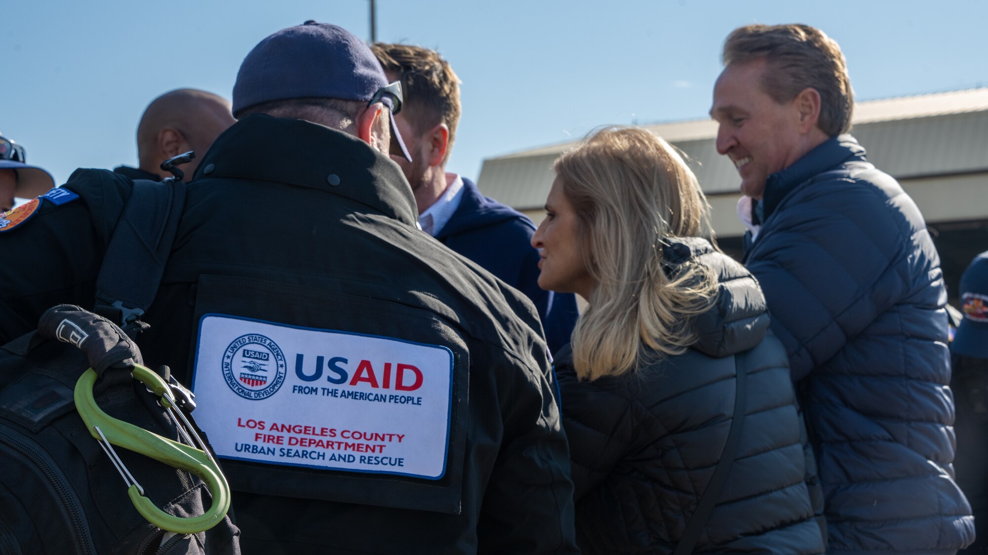 U.S. Ambassador Jeffry Flake, U.S. Ambassador to Türkiye, right, speaks with members of the United States Agency for International Development’s Disaster Assistance Response Team, left, during their arrival at Incirlik Air Base, Türkiye, Feb 8, 2023. Ambassador Flake visited Incirlik AB to greet members of the USAID team, following a series of earthquakes that struck central-southern Türkiye on Feb 6, 2023. As Ambassador to Türkiye, Flake holds the highest civilian position as The Chief of Mission, and impacts the communication and resources of U.S. personnel, advancing the U.S. foreign policy goals. As a fellow NATO ally, the U.S. Government mobilized personnel to assist in Türkiye in their response efforts. (U.S. Air Force photo by Senior Airman David D. McLoney)