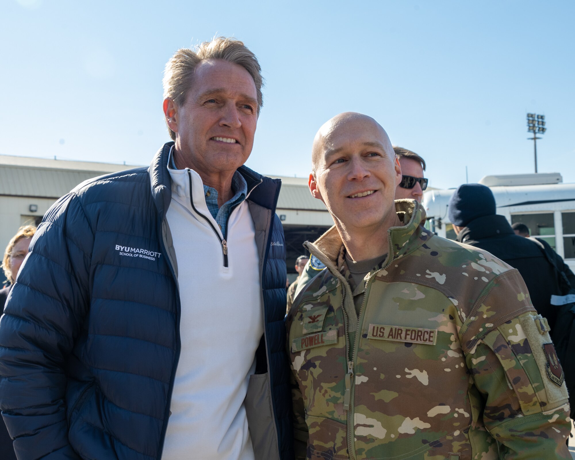 U.S. Ambassador Jeffry Flake, U.S. Ambassador to Türkiye, left, poses for a photograph with U.S. Air Force Col. Calvin B. Powell, 39th Air Base Wing commander, right, after his arrival at Incirlik Air Base, Türkiye, Feb 8, 2023. Ambassador Flake visited Incirlik AB to greet members of the United States Agency for International Development’s Disaster Assistance Response Team, following a series of earthquakes that struck central-southern Türkiye on Feb 6, 2023. As Ambassador to Türkiye, Flake holds the highest civilian position as The Chief of Mission, and impacts the communication and resources of U.S. personnel, advancing the U.S. foreign policy goals. As a fellow NATO ally, the U.S. Government mobilized personnel to assist in Türkiye in their response efforts. (U.S. Air Force photo by Senior Airman David D. McLoney)