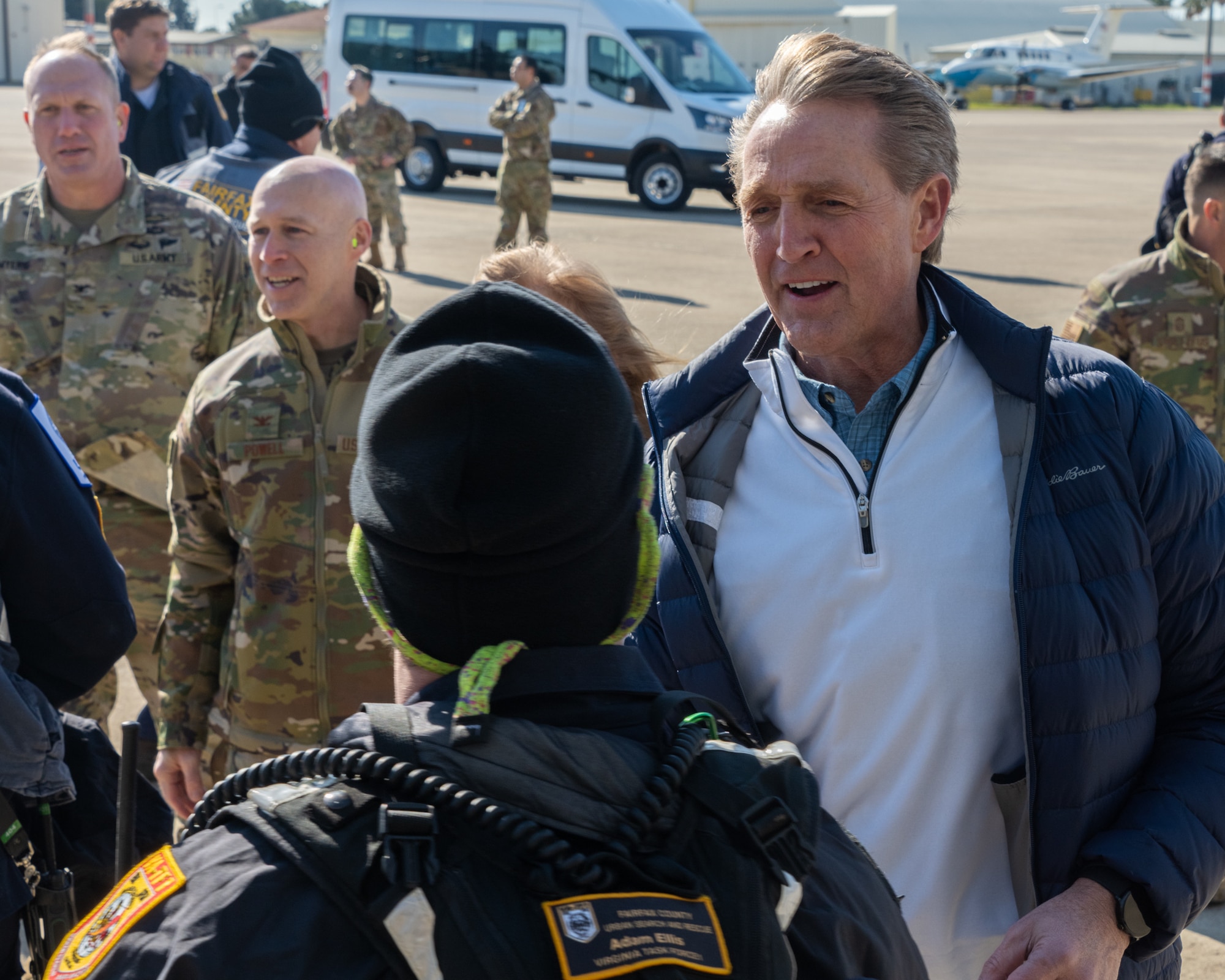 U.S. Ambassador Jeffry Flake, U.S. Ambassador to Türkiye, right, shakes hands with a member of the United States Agency for International Development’s Disaster Assistance Response Team, left, during their arrival at Incirlik Air Base, Türkiye, Feb 8, 2023. Ambassador Flake visited Incirlik AB to greet members of the USAID team, following a series of earthquakes that struck central-southern Türkiye on Feb 6, 2023. As Ambassador to Türkiye, Flake holds the highest civilian position as The Chief of Mission, and impacts the communication and resources of U.S. personnel, advancing the U.S. foreign policy goals. As a fellow NATO ally, the U.S. Government mobilized personnel to assist in Türkiye in their response efforts. (U.S. Air Force photo by Senior Airman David D. McLoney)