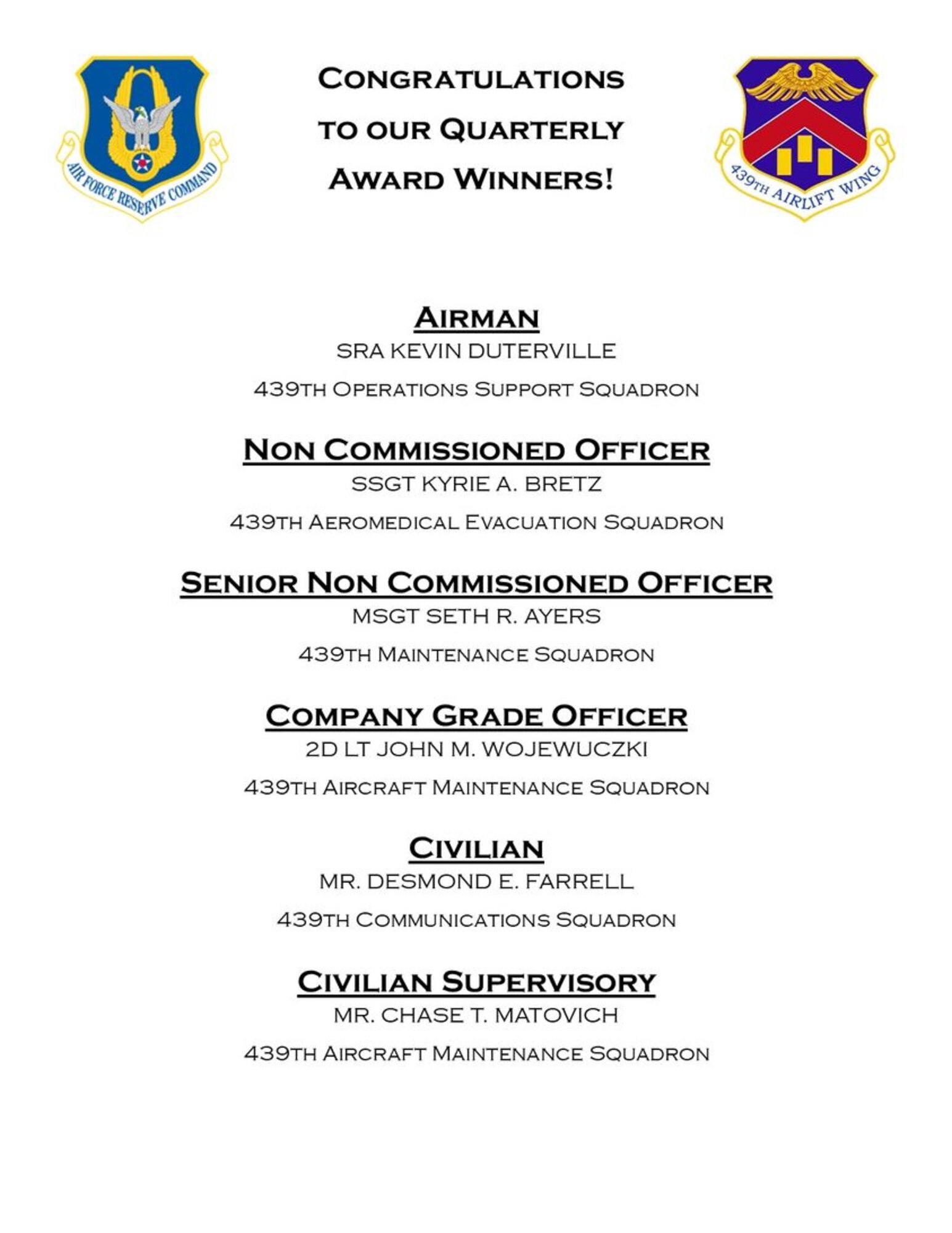 Congrats WARB 2022 4th Quarter Award Winners!