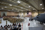 U.S. Army soldiers from the 106th Aviation Regiment take part in a mobilization ceremony at the 182nd Airlift Wing in Peoria, Illinois, February 7, 2023. The 106th Aviation Regiment is part of the Assault Helicopter Battalion and is deploying to the Middle East.