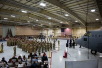 U.S. Army soldiers from the 106th Aviation Regiment take part in a mobilization ceremony at the 182nd Airlift Wing in Peoria, Illinois, February 7, 2023. The 106th Aviation Regiment is part of the Assault Helicopter Battalion and is deploying to the Middle East.
