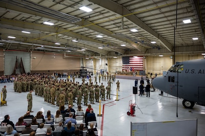 U.S. Army soldiers from the 106th Aviation Regiment take part in a mobilization ceremony at the 182nd Airlift Wing in Peoria, Illinois, February 7, 2023. The 106th Aviation Regiment is part of the Assault Helicopter Battalion and is deploying to the Middle East.