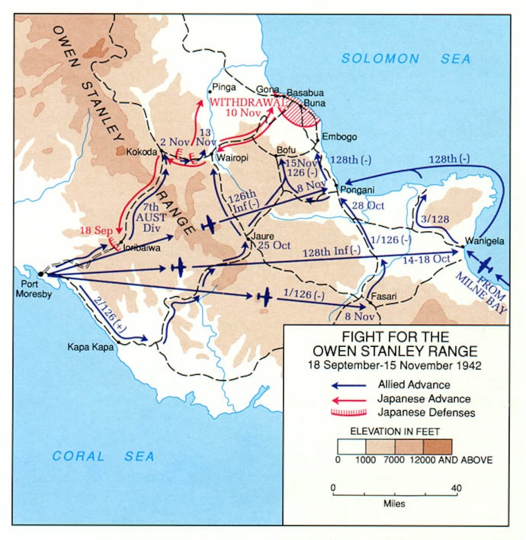 Map showing Papua, divided by the Owens Stanley Range, with Japanese forces centered on Buna, and Allied forces in Port Moresby.