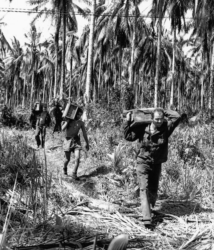 Soldiers carrying rations along a trail in Papua, near Buna, 24 December 1942.  Innovative solutions to supply problems enabled the Allies to sustain their fighting force in combat.  The lessons learned in these most challenging circumstances were used to advantage throughout the war.