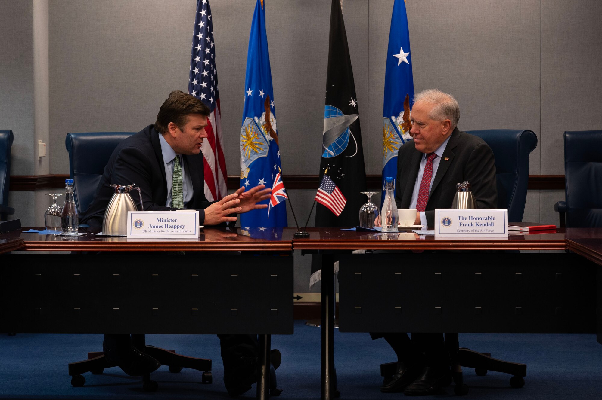 United Kingdom Minister for the Armed Forces James Heappey and Secretary of the Air Force Frank Kendall share ideas during a meeting at the Pentagon in Arlington, Va., Feb. 8, 2023. During the bilateral exchange, Kendall and Heappey discussed strengthening U.S.-U.K. cooperation on a range of shared air and space force priorities. (U.S. Air Force photo by Staff Sgt. Nick Z. Erwin)