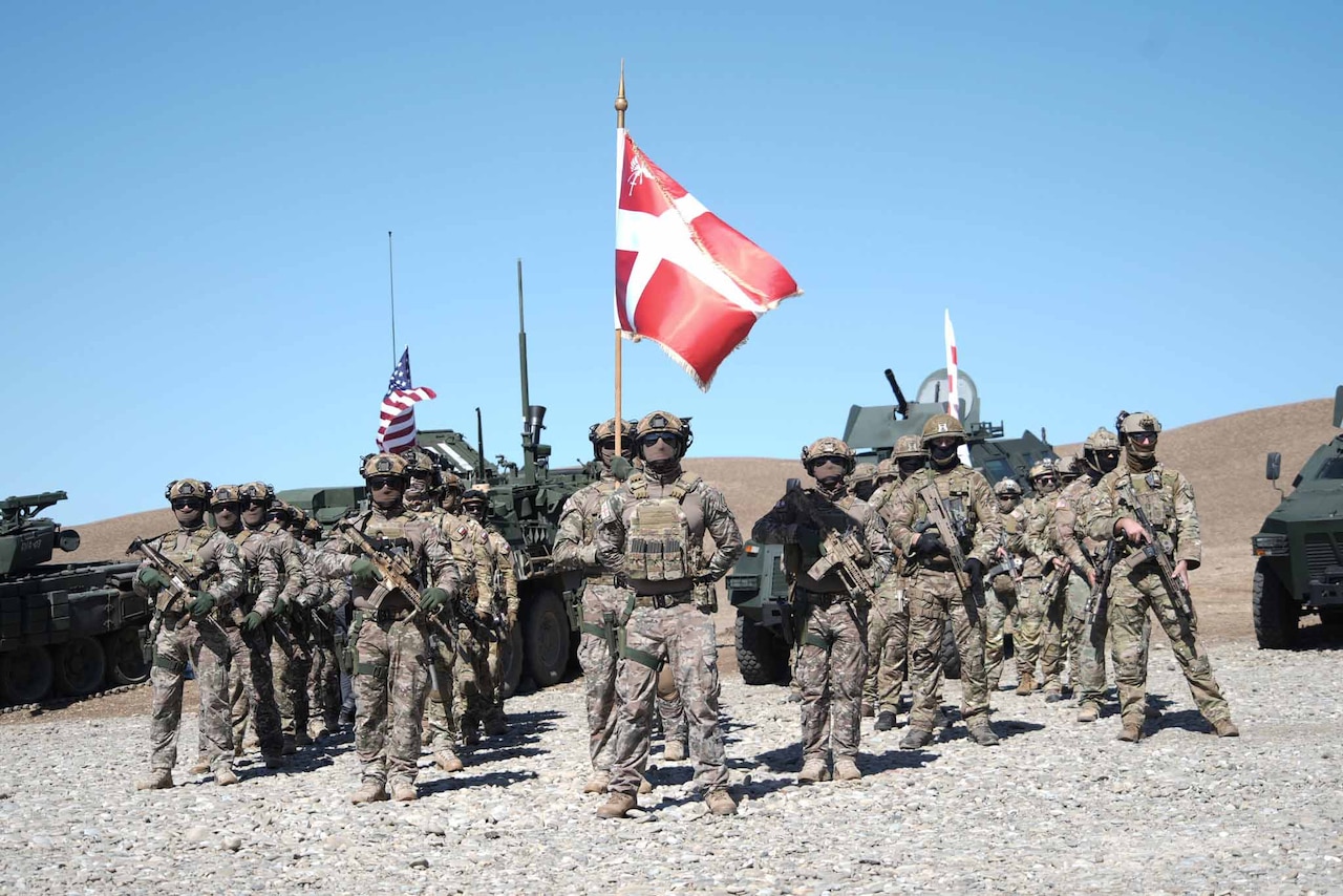 Troops stand in formation style in front of a group of military vehicles.