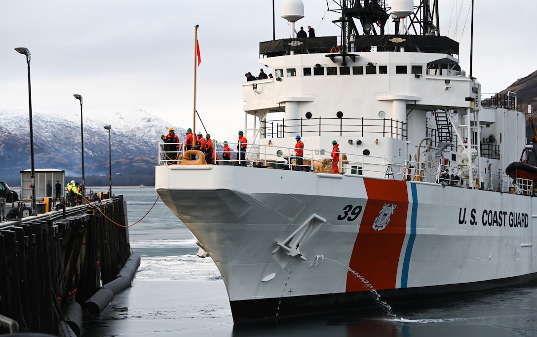 The crew of the Coast Guard Cutter Alex Haley returns to homeport at Coast Guard Base Kodiak, Alaska, Jan. 12, 2023