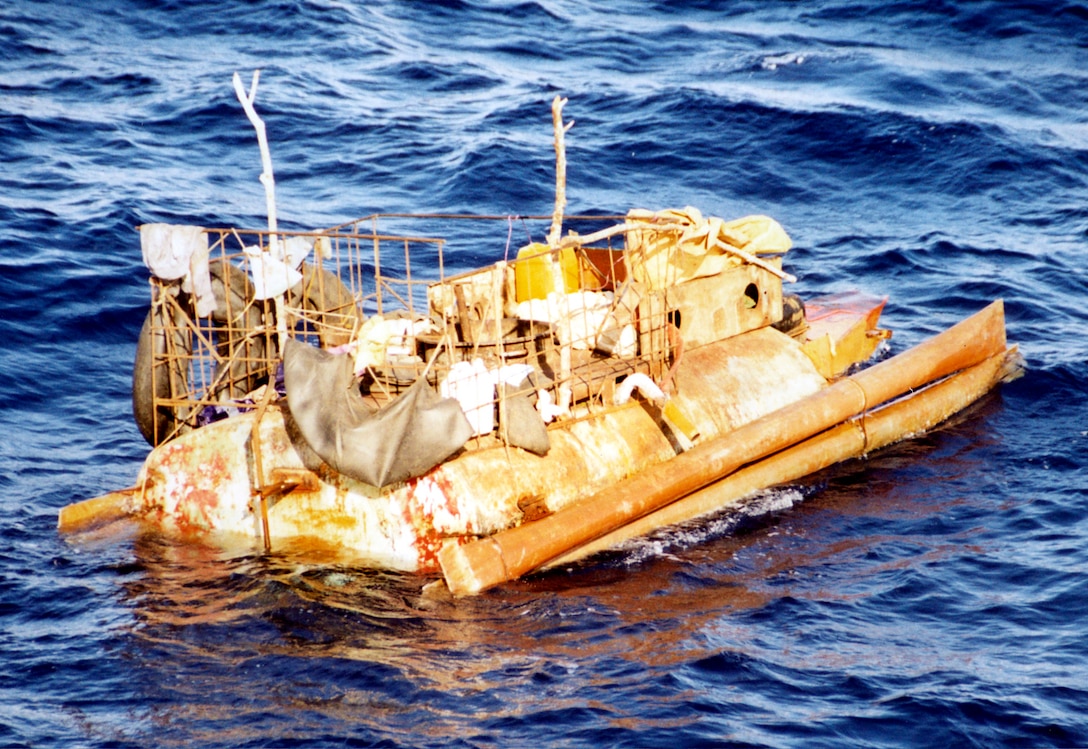 Florida Straits -- A raft which Cuban migrants were found aboard and picked up by the U.S. Coast Guard. The "hull" of this raft was made from an old fuel tank. USCG photo by SMITH, CHARLES PA1