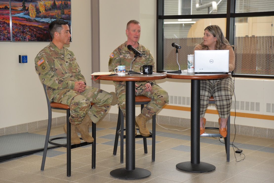 Col. Damon Delarosa, district commander, and Brig. Gen. Kirk E. Gibbs, commanding general, hold a Commander's Coffee Corner facilitated by Rachel Napolitan, public affairs specialist, at the U.S. Army Corps of Engineers - Alaska District. The monthly session allows members of the workforce to ask questions and hear the latest district happenings from the commander in an informal environment. And, drink some coffee.