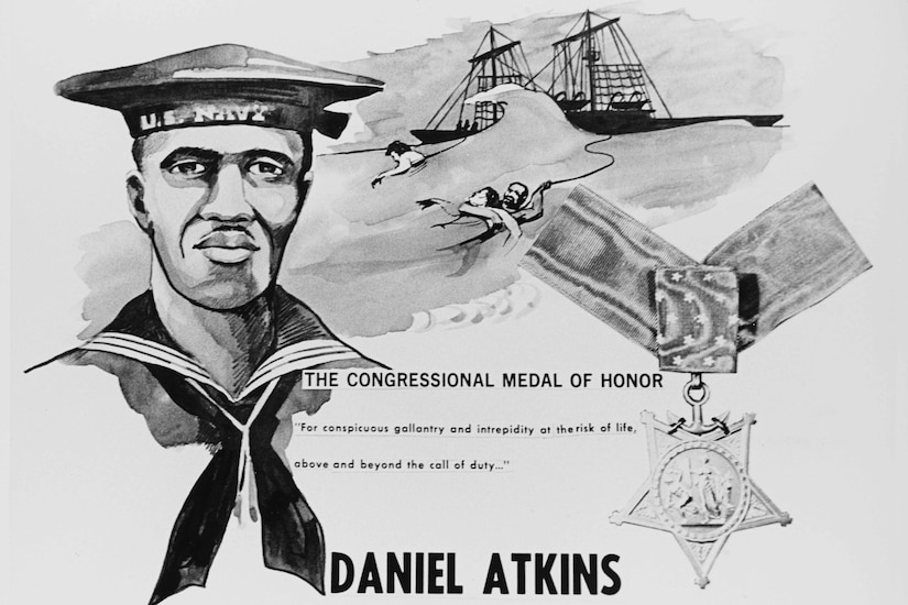 A poster depicts a man, a medal and a drawing of a rescue at sea.