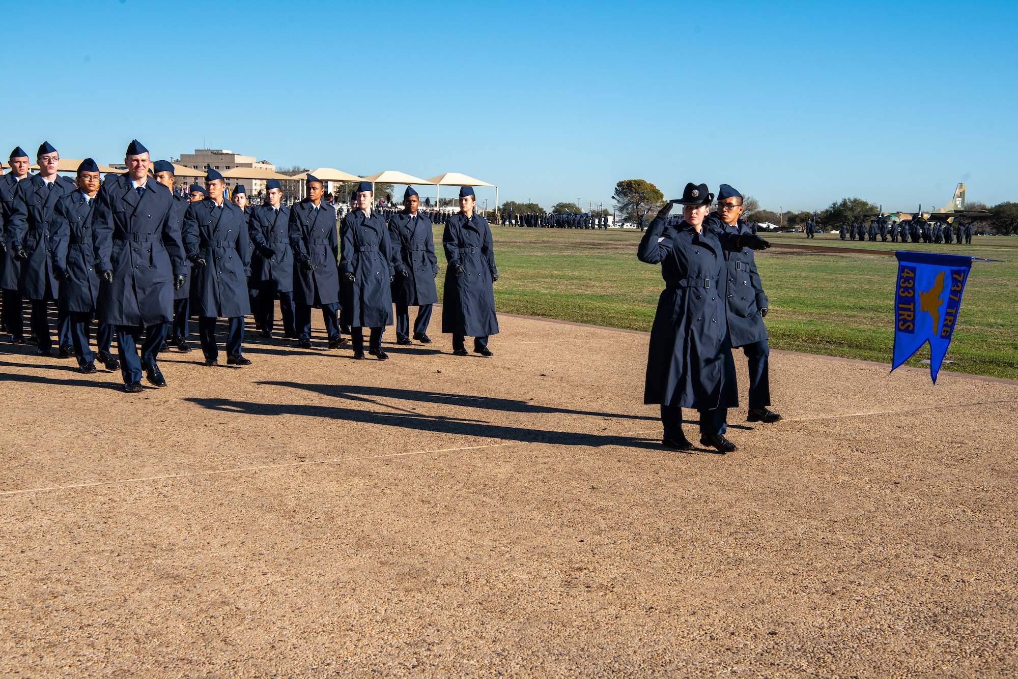 More than 600 Airmen assigned to the 433rd Training Squadron graduated from Basic Military Training at Joint Base San Antonio-Lackland, Texas, February 1-2 2023. Lt. Gen. Richard G. Moore, Jr.,Deputy Chief of Staff for Plans and Programs, Headquarters U.S. Air Force, the Pentagon, Arlington, Va., reviewed the ceremony. (U.S. Air Force photo by Daniel Cruz)