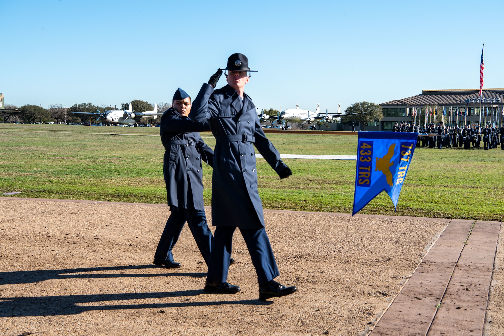 More than 600 Airmen assigned to the 433rd Training Squadron graduated from Basic Military Training at Joint Base San Antonio-Lackland, Texas, February 1-2 2023. Lt. Gen. Richard G. Moore, Jr.,Deputy Chief of Staff for Plans and Programs, Headquarters U.S. Air Force, the Pentagon, Arlington, Va., reviewed the ceremony. (U.S. Air Force photo by Daniel Cruz)