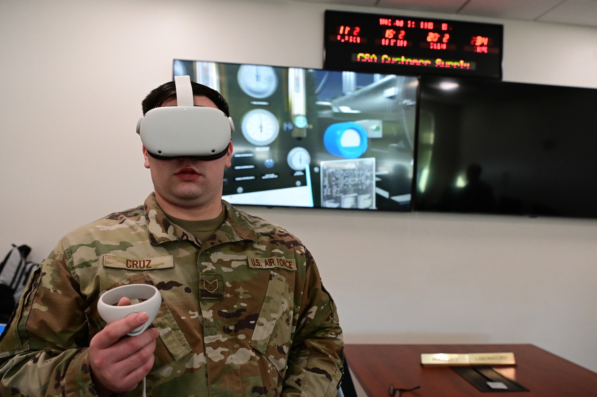 U.S. Air Force Staff Sgt. Jon Cruz, a 673d Logistics Readiness Squadron fuels distribution operator, tests virtual reality training tool prototype at Joint Base Elmendorf-Richardson, Alaska, Jan. 31 2023