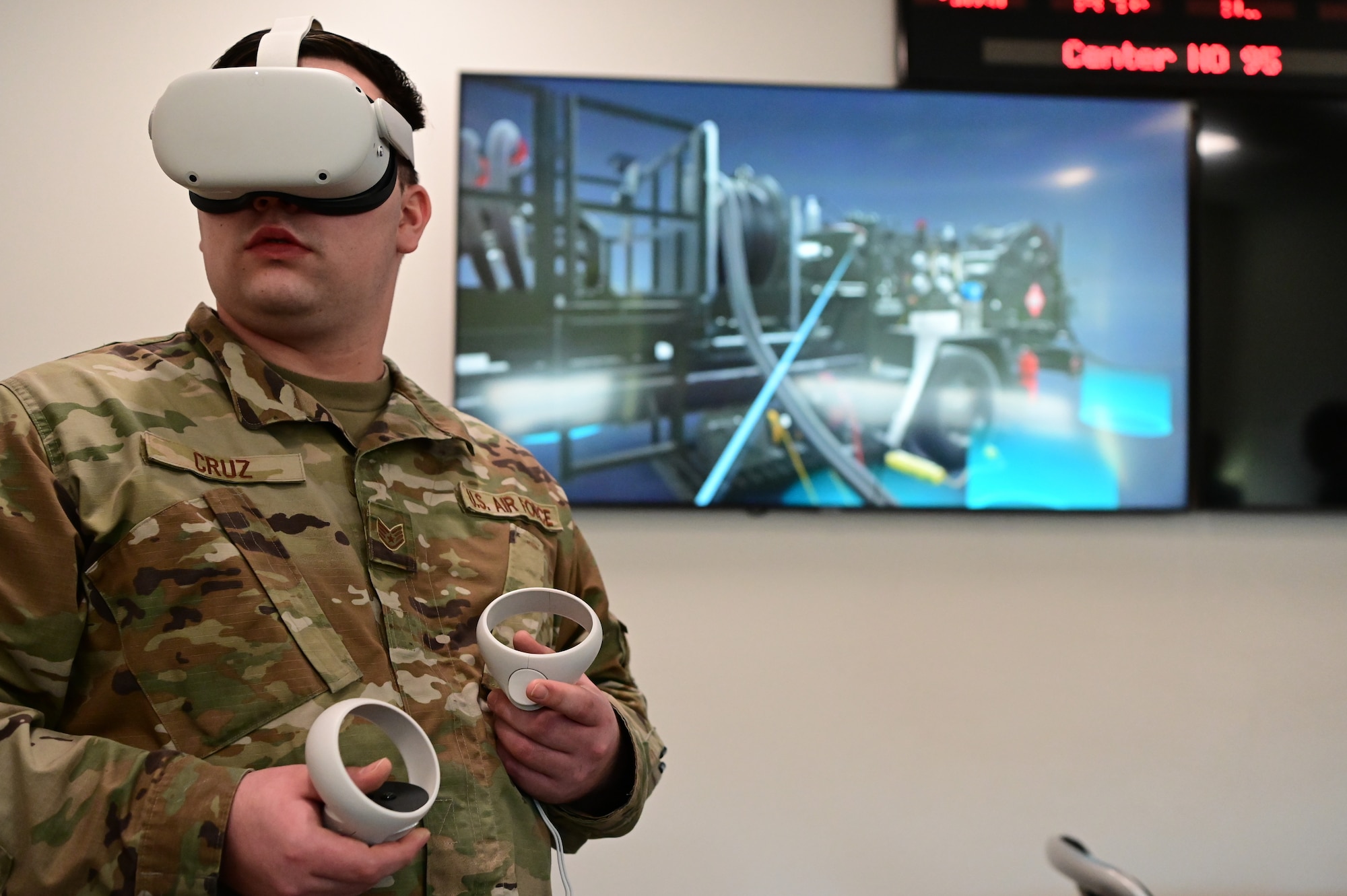 U.S. Air Force Staff Sgt. Jon Cruz, a 673d Logistics Readiness Squadron fuels distribution operator, tests virtual reality training tool prototype at Joint Base Elmendorf-Richardson, Alaska, Jan. 31 2023.