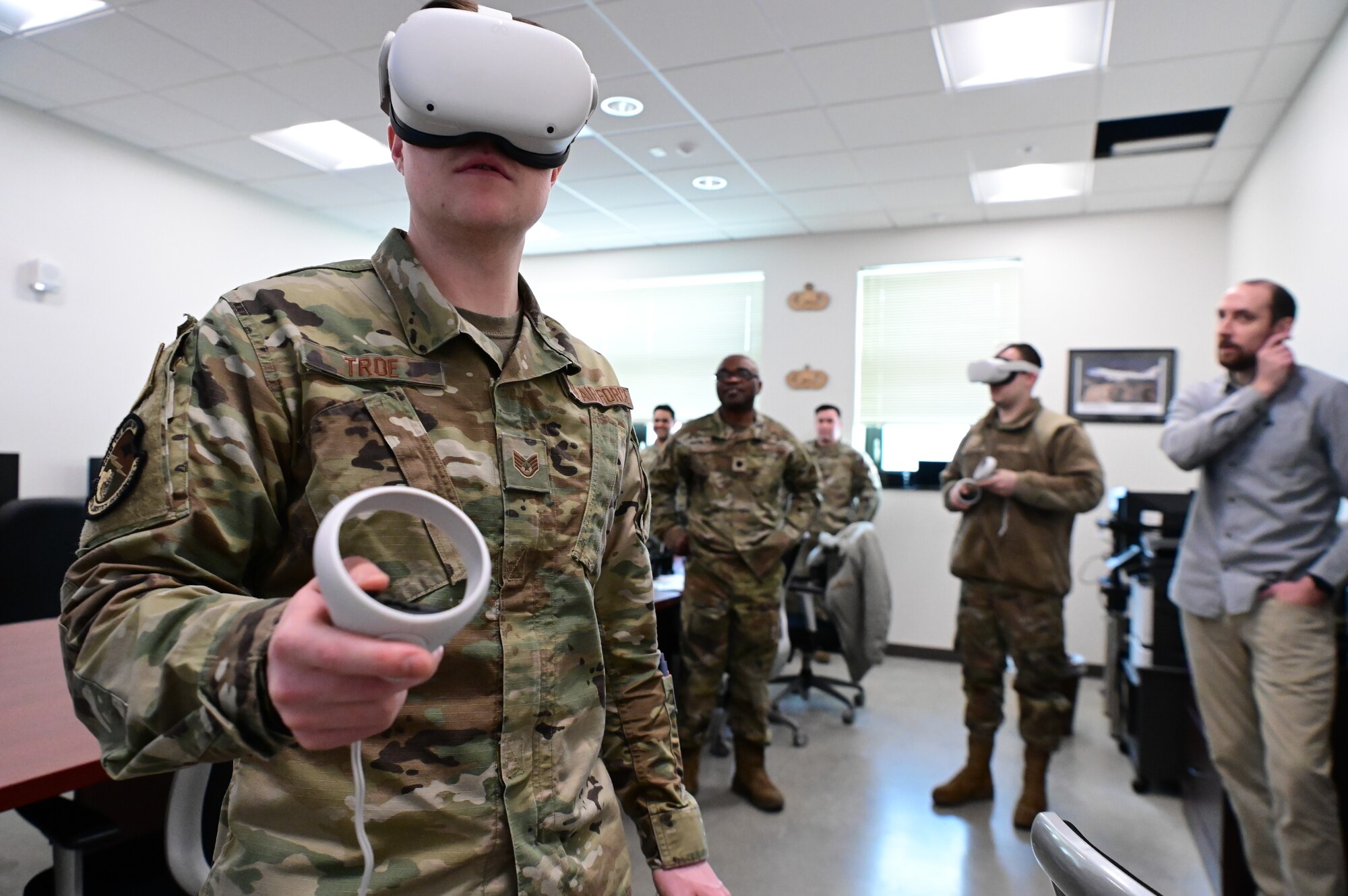 U.S. Air Force Staff Sgt. Barry Troe, a 673d Logistics Readiness Squadron fuels trainer, tests Virtual Reality Training tool prototype at Joint Base Elmendorf-Richardson, Alaska, Jan. 31 2023.