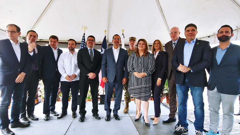 (Left to Right) Pedro Pierluisi, Governor, Puerto Rico (Center Right), Michael L. Connor, Assistant Secretary of the Army for Civil Works (Center Left), COL James Booth, Commander, USACE Jacksonville District (second center right), Jeniffer Gonzalez, Congresswoman Puerto Rico, partners and stakeholders. (USACE photo by Luis Deya)