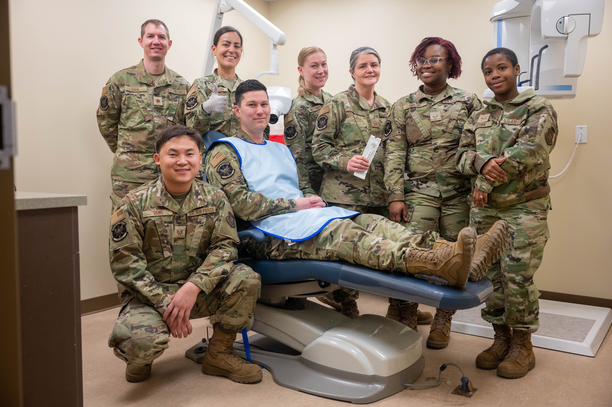 Members of the 934th Aeromedical Staging Squadron dental team poses for a group photo at the Minneapolis-Saint Paul Air Reserve Station, February 5, 2023. The 934th dental component is a close-knit group composed of dentists and dental assistants.(U.S. Air Force photo by Staff Sgt. Timothy Leddick)