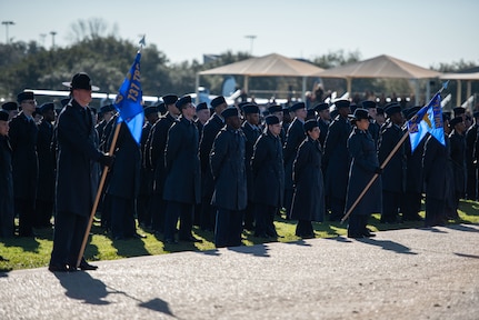 More than 600 Airmen assigned to the 433rd Training Squadron graduated from Basic Military Training at Joint Base San Antonio-Lackland, Texas, February 1-2 2023. Lt. Gen. Richard G. Moore, Jr.,Deputy Chief of Staff for Plans and Programs, Headquarters U.S. Air Force, the Pentagon, Arlington, Va., reviewed the ceremony. (U.S. Air Force photo by Daniel Cruz)