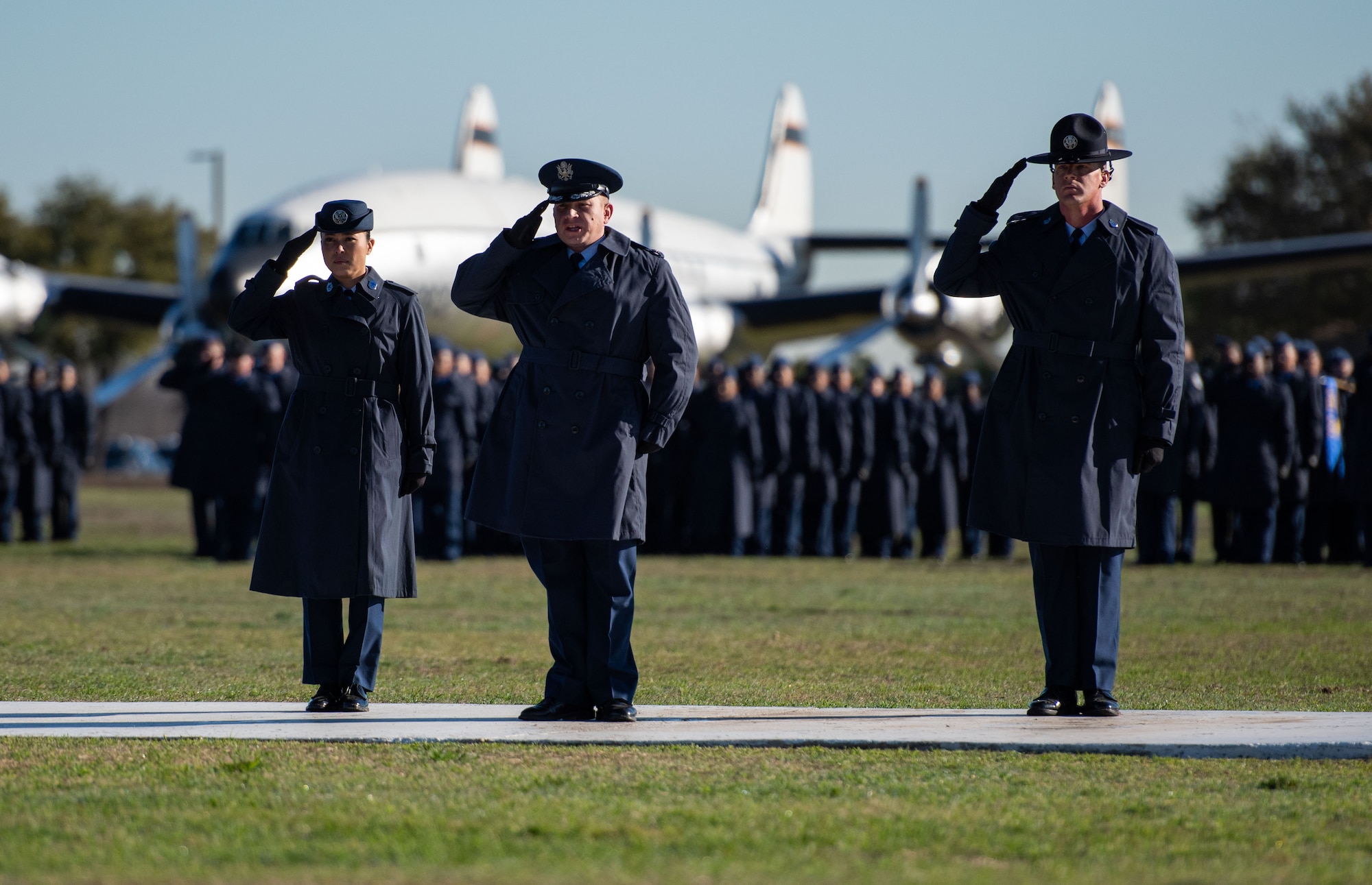 More than 600 Airmen assigned to the 433rd Training Squadron graduated from Basic Military Training at Joint Base San Antonio-Lackland, Texas, February 1-2 2023. Lt. Gen. Richard G. Moore, Jr.,Deputy Chief of Staff for Plans and Programs, Headquarters U.S. Air Force, the Pentagon, Arlington, Va., reviewed the ceremony. (U.S. Air Force photo by Daniel Cruz)