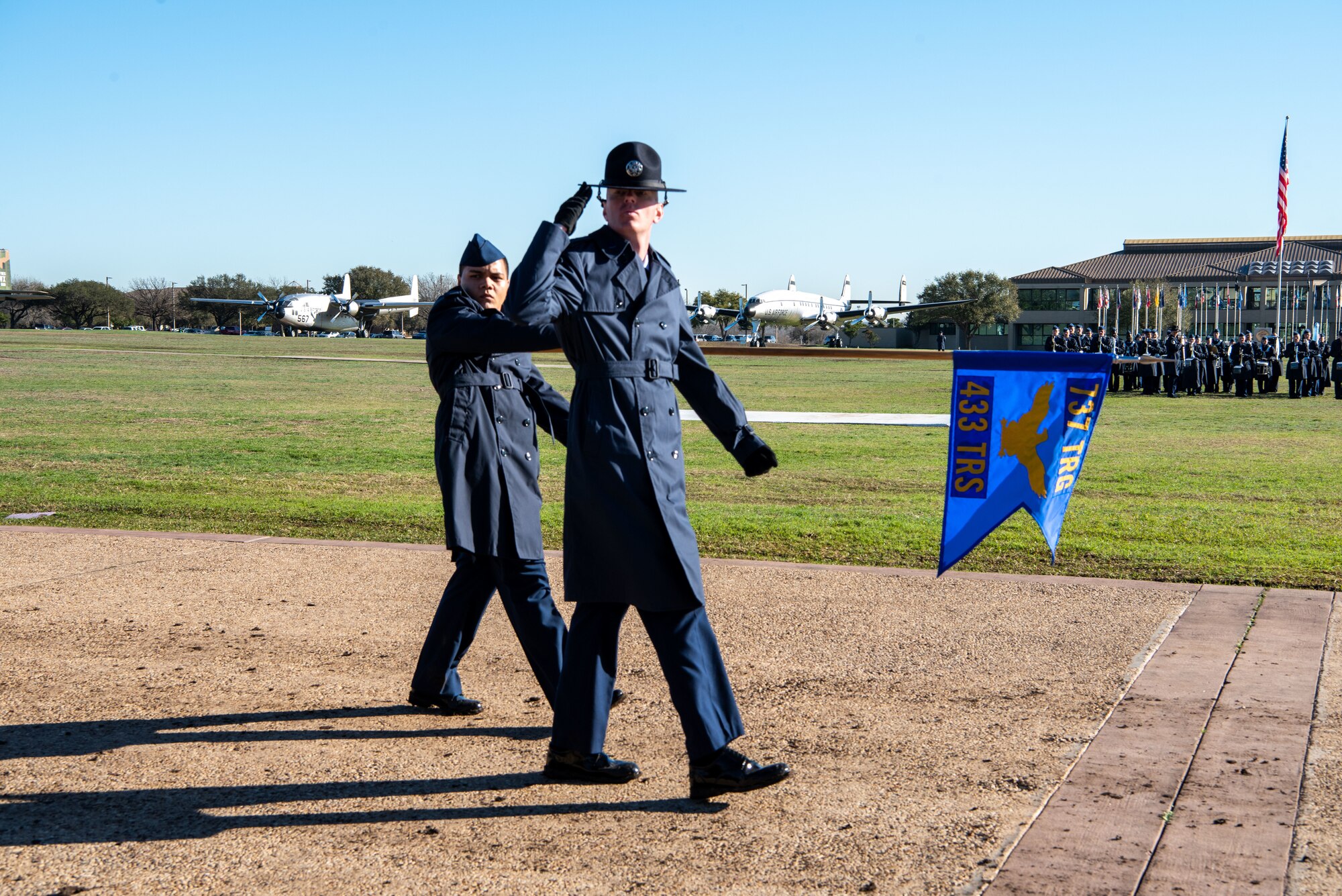 More than 600 Airmen assigned to the 433rd Training Squadron graduated from Basic Military Training at Joint Base San Antonio-Lackland, Texas, February 1-2 2023. Lt. Gen. Richard G. Moore, Jr.,Deputy Chief of Staff for Plans and Programs, Headquarters U.S. Air Force, the Pentagon, Arlington, Va., reviewed the ceremony. (U.S. Air Force photo by Daniel Cruz)