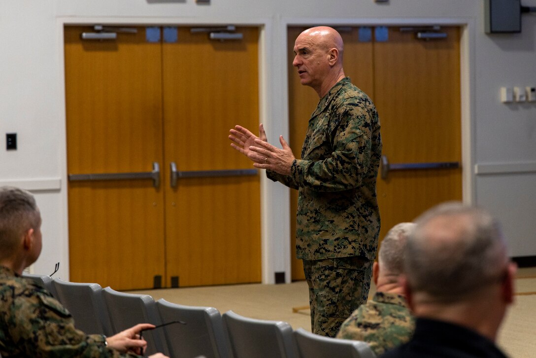 U.S. Marine Corps Lt. Gen. David Ottignon, commanding general, II Marine Expeditionary Force, speaks to II MEF Marines and sailors prior to the beginning of MEFEX ‘23 on Marine Corps Base Camp Lejeune, Feb. 8, 2023. MEFEX ’23 is a command post exercise where the staff builds proficiency in commanding and controlling a MAGTF while responding to events and situations in notional peacekeeping and humanitarian operation abroad. (U.S. Marine Corps photo by Cpl. Cheyenne Harms)