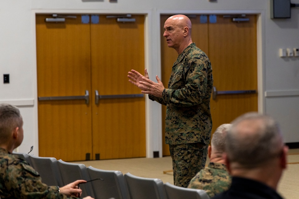 U.S. Marine Corps Lt. Gen. David Ottignon, commanding general, II Marine Expeditionary Force, speaks to II MEF Marines and sailors prior to the beginning of MEFEX ‘23 on Marine Corps Base Camp Lejeune, Feb. 8, 2023. MEFEX ’23 is a command post exercise where the staff builds proficiency in commanding and controlling a MAGTF while responding to events and situations in notional peacekeeping and humanitarian operation abroad. (U.S. Marine Corps photo by Cpl. Cheyenne Harms)