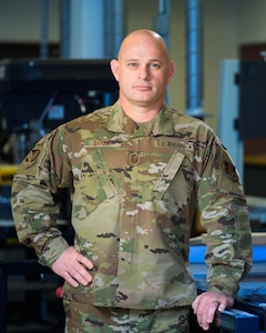 U.S. Air Force Senior Master Sgt. Danny Barber, operations superintendent with the 116th Civil Engineer Squadron, Georgia Air National Guard, poses for a photo during a unit training assembly at Robins Air Force Base, Georgia, Feb. 4, 2023.
