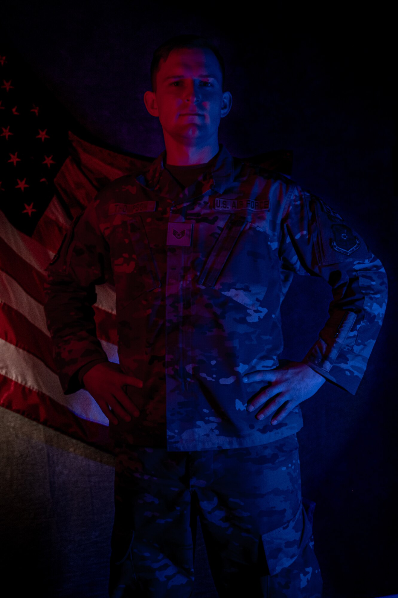 U.S. Air Force Staff Sgt. Nicholas Thompson, 5th Security Forces Squadron response team leader, poses for a portrait at Minot Air Force Base, North Dakota, Feb. 2, 2023. Security Forces specialists go through extensive training in law enforcement and combat tactics to protect bases both stateside and overseas. (U.S. Air Force photo by Airman 1st Class Alexander Nottingham)