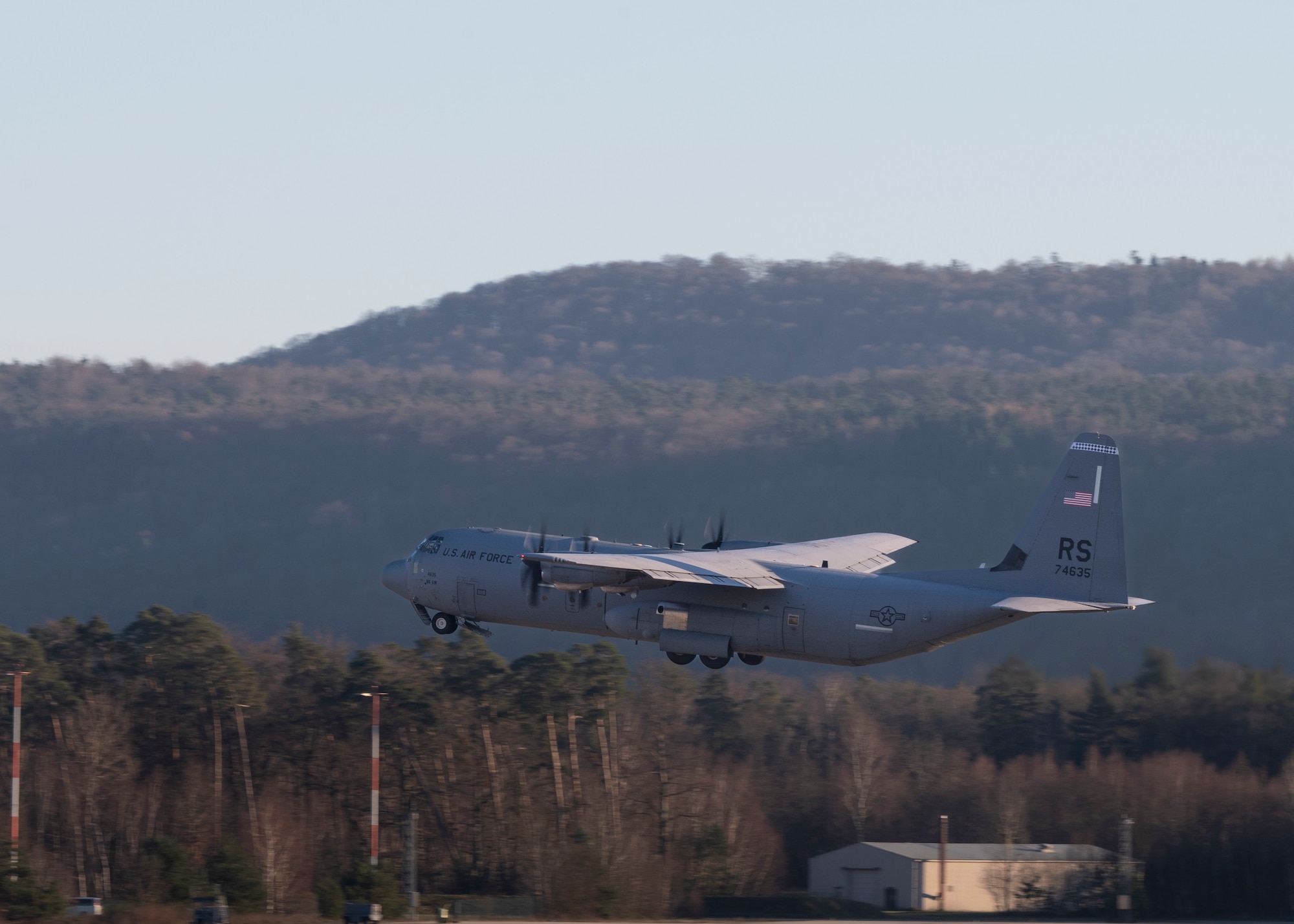 A U.S. Air Force C-130J Super Hercules aircraft from the 37th Airlift Squadron, carrying members of Team Ramstein, takes off at Ramstein Air Base, Germany, to support earthquake recovery efforts out of Incirlik AB, Türkiye, Feb. 8, 2023.