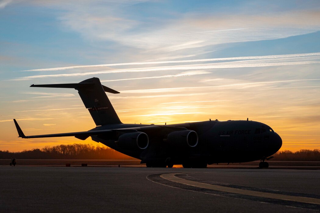 A C-17 Globemaster III aircraft on the flight line at the 167th Airlift Wing, Martinsburg, West Virginia, Feb. 5, 2023.