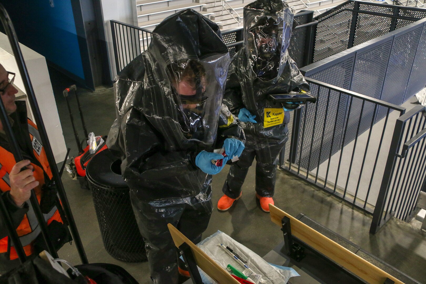 Virginia National Guard Soldiers and Airmen assigned to the Fort Pickett-based 34th Civil Support Team participate in collective lanes training Jan. 26, 2023, at the Virginia Beach Sports Center in Virginia Beach, Virginia. The 34th CST supports first responders during potential hazardous materials incidents.