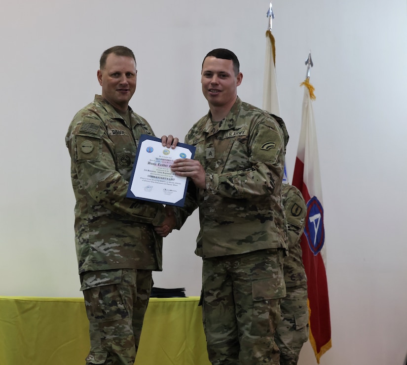 Guest Speaker Sgt. Maj. Brian Disque, G-3/5/7 NCOIC, US Army Central offers these 63 graduates congratulations and words of wisdom following 10 weeks of BLC,