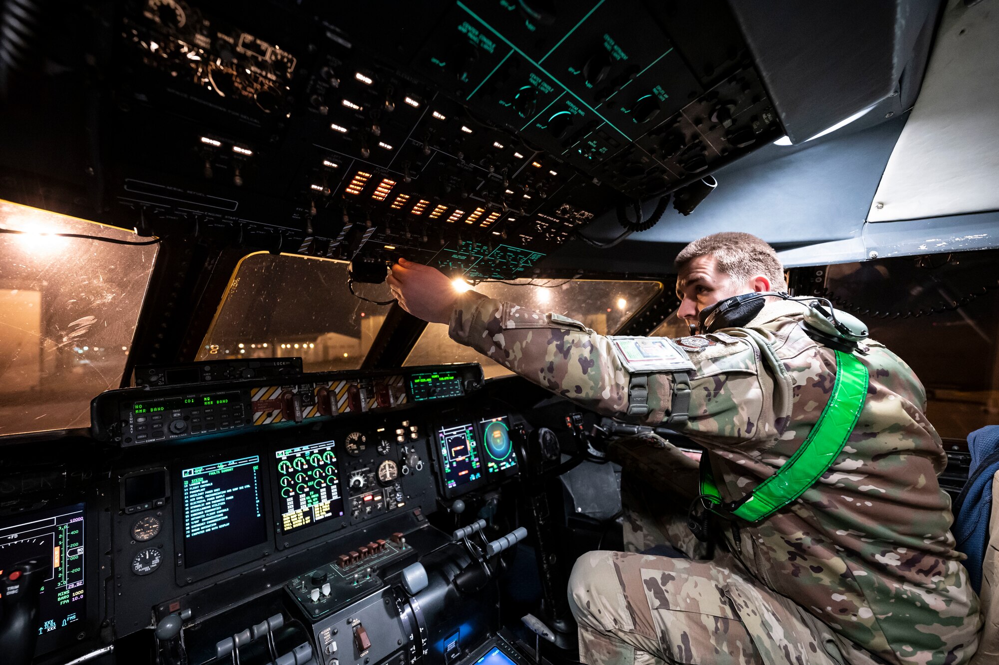 Master Sgt. Robert Wallis, 436th Aircraft Maintenance Squadron section chief, performs landing light checks on a C-5M Super Galaxy during a 436th Mission Generation Group integration event on Dover Air Force Base, Delaware, Feb. 3, 2023. This event is part of the 436th MGG monthly readiness exercises that test the ability to perform job tasks in contested environments. (U.S. Air Force photo by Staff Sgt. Marco A. Gomez)