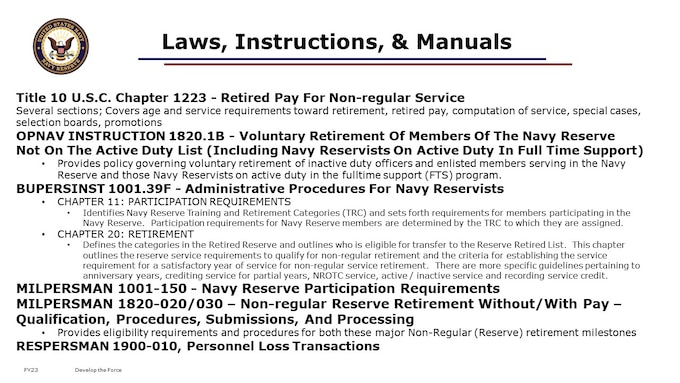 Slide about the different instructions pertaining to Reserve Retirement