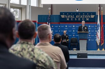 Rear Adm. Pete Garvin, commander, Naval Education and Training Command (NETC), delivers opening remarks for the Military Instructor of the Year 2022 awards ceremony at the National Naval Aviation Museum onboard Naval Air Station Pensacola, February 10, 2023. NETC’s mission is to recruit, train and deliver those who serve our nation, taking them from street-to-fleet by transforming civilians into highly skilled, operational and combat ready warfighters. (United States Navy photo by Mass Communication Specialist 2nd Class Zachary Melvin)