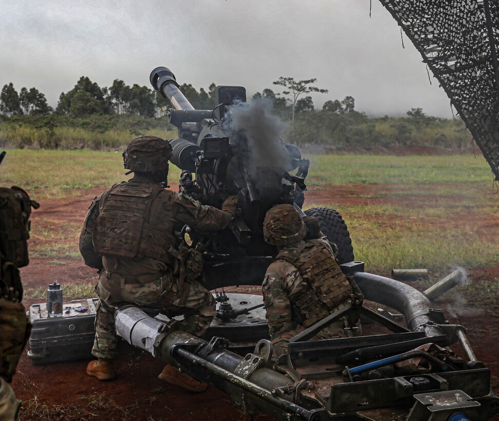 U.S. Army Soldiers with 2nd Battalion, 11th Field Artillery Regiment, 25th Infantry Division Artillery perform direct fire with a M119 howitzer as part of DIVARTY’s Best By Test Competition, on Schofield Barracks, Hawaii, Jan. 28, 2023.