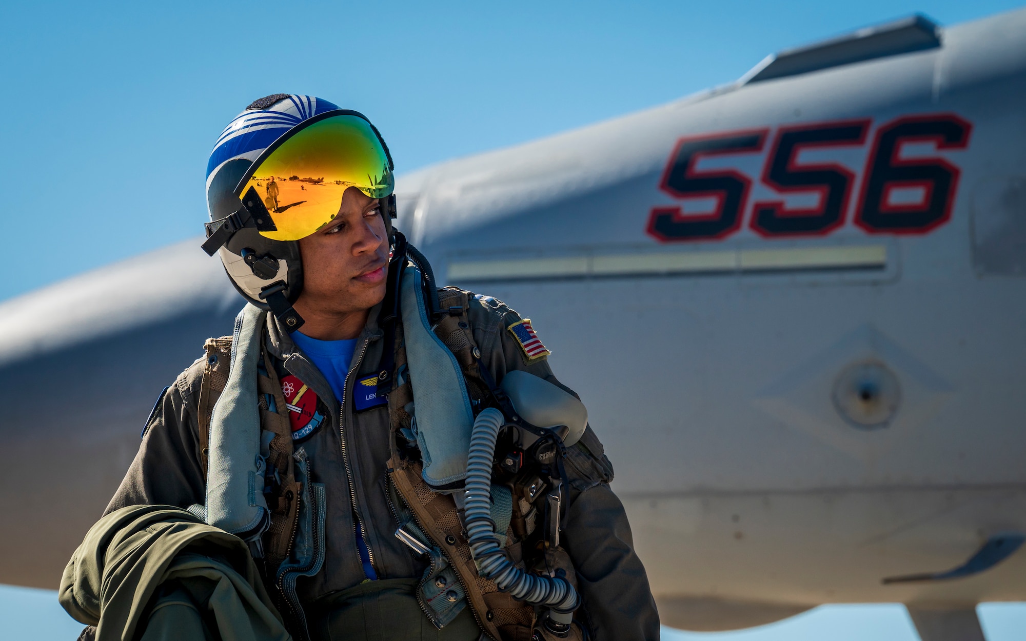 U.S. Navy Lt. Lenue Gilchrist, EA-18G Growler VAQ 129 aircrew electronic warfare officer, disembarks an EA-18G Growler assigned to the “Vikings” of Electronic Attack Squadron (VAQ) 129, Oak Harbor, Washington, at Luke Air Force Base, Arizona, Feb. 7, 2023.