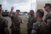 U.S. Marine Corps Maj. Gen. Stephen E. Liszewski, commanding general for Marine Corps Installations Pacific, speaks to Marines assigned to 1st Battalion, 12th Marines, during a visit to Marine Corps Base Hawaii, Feb. 6, 2023. Liszewski toured facilities and was briefed on current and future modernization efforts in support of tenant commands and in coordination with Force Design 2030. (U.S. Marine Corps photo by Lance Cpl. Clayton Baker)