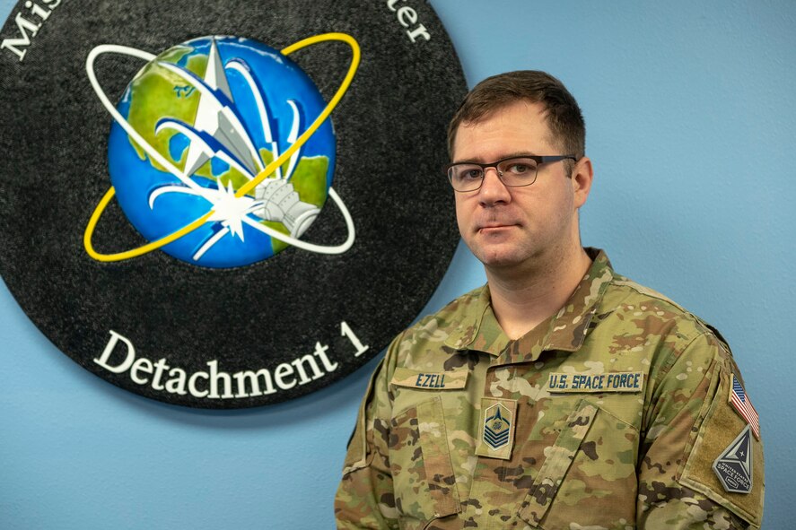 Master Sgt. Bradley Ezell, 22nd Space Operations Squadron noncommissioned officer in-charge, stands for a photo in his work-center on Malmstrom Air Force Base, Mont., on Feb. 10, 2023. Ezell joined the U.S. Space Force after serving four years in the U.S. Marine Corps and approximately eight years in the U.S. Navy.