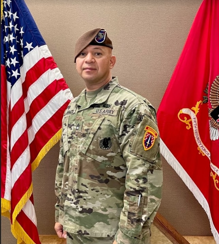 Sgt. 1st Class Christian Araza serves as the senior sustainment noncommissioned officer in charge and is responsible for the logistics and sustainment of the battalion headquarters and Advisor teams employed in the Indo-Pacific on a six-month mission.