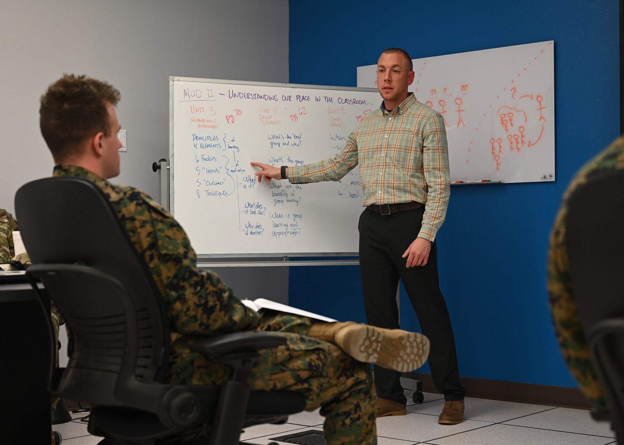 Joseph Vickrey, 17th Training Support Squadron instructor developer, demonstrates the importance of understanding a student's mentality during the basic instructor course at Goodfellow Air Force Base, Texas, Feb. 10, 2023. Nine non-commissioned officers and civilians who instruct across all of the squadrons on Goodfellow came together to attend the basic instructor course. (U.S. Air Force photo by Airman 1st Class Zachary Heimbuch)